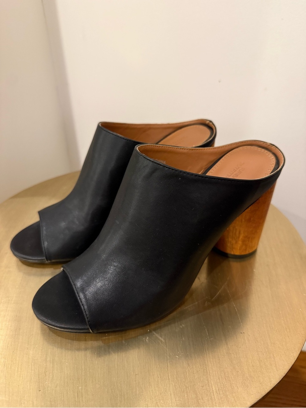 Urban Outfitters Black Leather Open-Peek Mule with Wood Block Heel